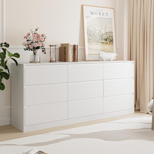 Image of Bobve 70.9 inch Dresser for Bedroom with 9 Drawers, Large Modern Chest of Drawers with Deep Drawers, Wide Double Dresser Handle Free, Storage Organizer for Bedroom, Living Room, Hallway (White)