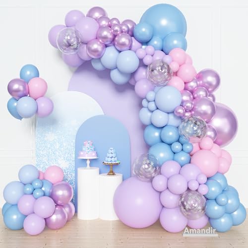 Amandir 153pcs Pink Purple Blue Balloons Arch Garland Kit Different Sizes 18 12 10 5 inch Metallic Pastel Iridescent Balloon for Girl Mermaid Snowflake Princess Birthday Party Baby Shower Decorations