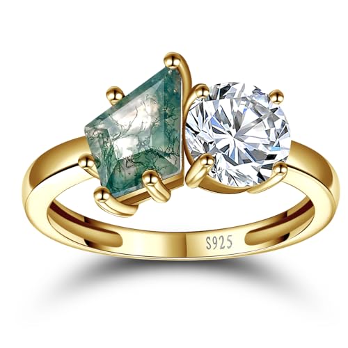 Natural Moss Agate Ring Toi Et Moi Ring Promise Ring for her - 925 Sterling Silver Double Stone Ring Kite Cut Moss Agate Engagement Ring for Women Best Gift Wedding Band Size 5-92