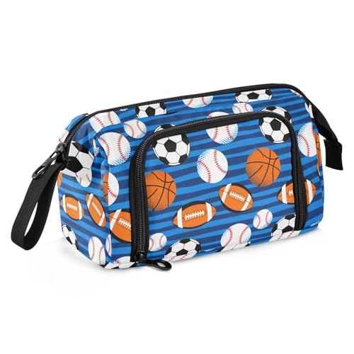 Image of Soccer Balls Blue Pencil Case Pouch Big Capacity Pencil Bag Box Organizer Pen Case with Handle Stationery Organizer for Kids Boys Girls Women College Office