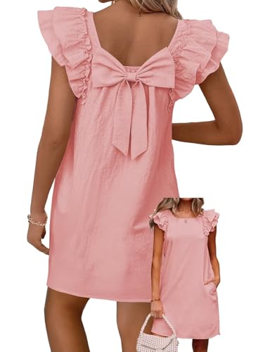 Image of Falechay Womens Summer Dresses Bow Tie Back Sundresses for Women Ruffle Short Sleeve Dress Casual Cute Sundress with Pockets