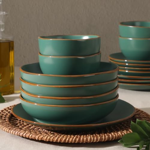 Image of Gibson Home Hazeltine 16-Piece Green Stoneware Dinnerware Set - Plates and Bowls, Durable Ceramic Kitchen Dinner Set