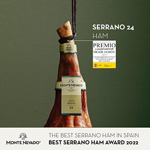Monte Nevado Serrano Ham Spain - With Ham Stand And Knife - Min Weight 16 Lb, 24 Months Avg Curing Time - Jamon Serrano - Great Family And Friends Gift #TOP6