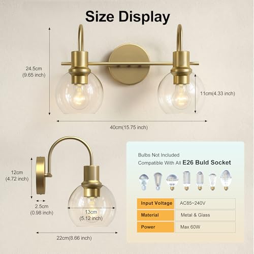 Image of 2-Light Bathroom Vanity Light, Modern Brushed Gold Wall Sconce with Clear Glass Shades, Bathroom Lighting Fixtures,Mirror Lighting for Bedroom, Hallway, Living Room