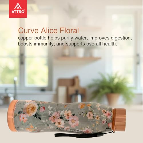 Image of ATTRO Curve Copper Bottle Design Boosts Immunity Leakproof & Lightweight |Anti-Bacterial, BPA Free with Secure Cap for School, Travel, Gym & Work 1000ml Alice Floral