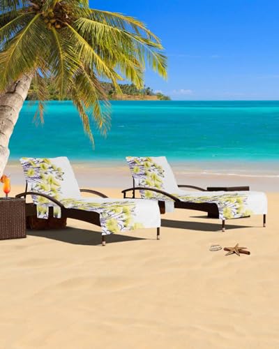 Yellow Floral Beach Chair Cover with Side Pockets, Microfiber & Quick Dry Pool Chaise Lounge Chair Towels Covers for Sun Sunbathing Patio Garden Hotel, Country French Style Botanical Herb White