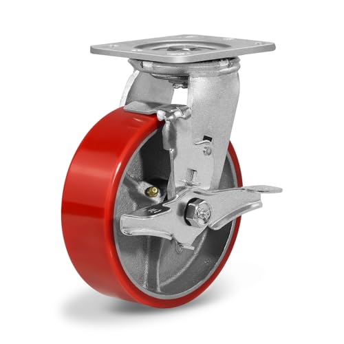 6" Casters Heavy Duty Industrial Caster Wheels with Lock Brake, Polyurethane Swivel Caster with Strong Load-Bearing Capacity 1200lbs (1 Pack)