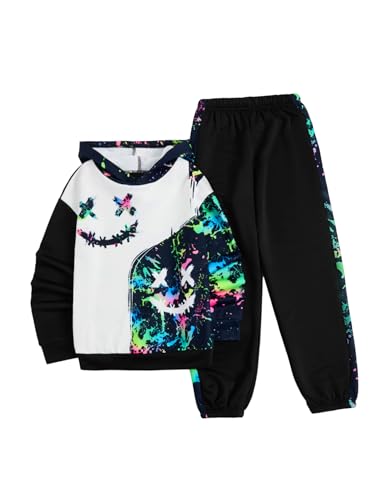 WDIRARA Boy's 2 Piece Outfits Colorful Graphic Print Long Sleeve Hoodie and Sweatpants Set Tracksuit
