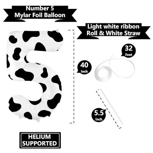 Image of 40 Inch Cow Print Balloon, Number 5 balloons Cow Balloons for 5st birthday decoration, Large Cow Number Balloons for western party decorations Baby Shower Animal Theme Party Holiday Decor