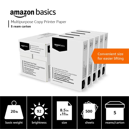 Amazon Basics Multipurpose Copy Printer Paper - White, 8.5 x 11 Inches, 5 Ream Case (2,500 Sheets)