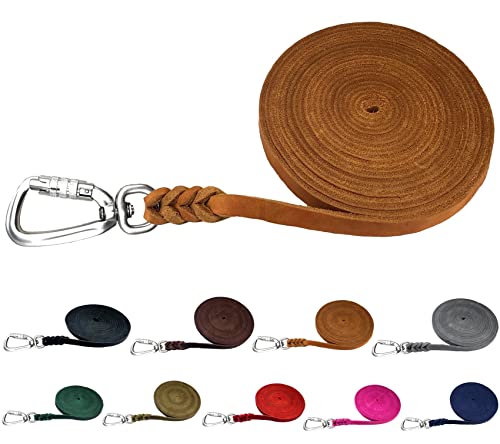 Hundeleine Fettleder Schleppleine große Hunde 1m / 2m/ 3m / 5m / 10m / 15m / 20m Lederleine 15mm breit (Cognac, 15m OHNE Handschlaufe)