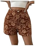 SweatyRocks Women's Floral Jacquard Shorts High Waisted Boho Summer Shorts with Pocket Brown Small
