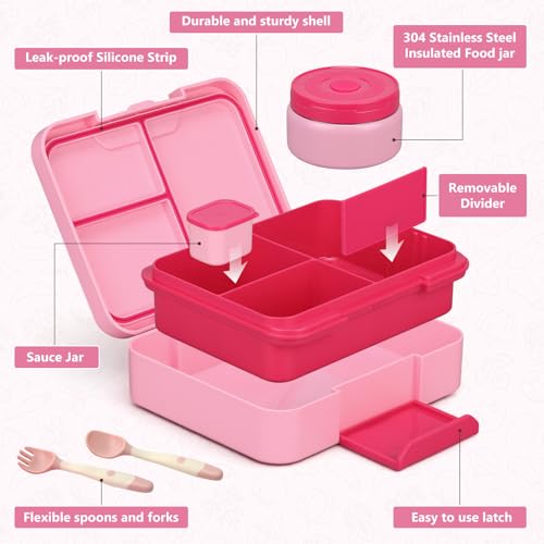 Image of WyfKyd Bento Lunch Box Set with Soup Thermo Food Container for Kids Adults | Bento Box Set with 9.5oz Soup Thermo Kids Leak-proof Lunch Box Container with Insulated Hot Food Jar and Bag for School Pink