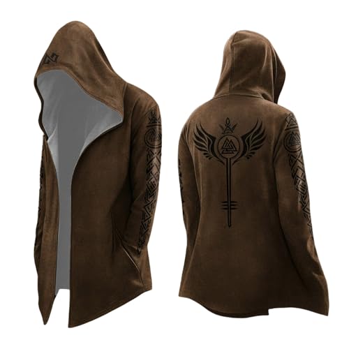 Generico Cárdigan de Hombre con Capucha Viking Sudadera con Capucha Retro Medieval Sudadera con Capucha Gótica Trench Largo Steampunk para Fiesta Temática Halloween Chaqueta Rock y Hip-Hop, H Brown, L