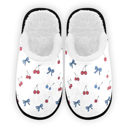 Blue Bow Cherries Cute Slippers For Women Men Soft Memory Foam Non-Slip Bow Winter Indoor House Shoes Travel Slipper