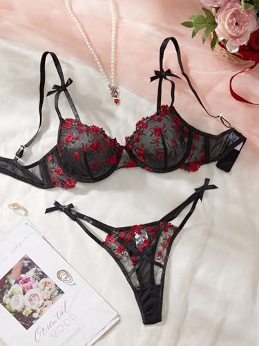 Image of Lilosy Sexy Cute Underwire Push Up Strappy Heart Embroidered Mesh Sheer Lingerie Set for Women See Through Bra and Panty 2 Piece Bow Flower Black Red Small