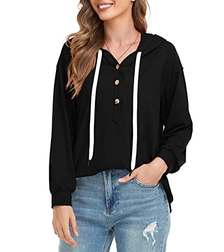 HAPYWER Sweat à capuche pour femme avec boutonnière, sweat-shirt en coton et col en V avec capuche, pull en tricot sexy, haut de loisirs, sweat, Noir classique, S Cover