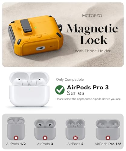 Image of for AirPods Pro 3 Case with Lock (Yellow) | Compatible with MagSafe,with Phone Stand,with Automatic Snap Switch Carbon Fiber Design Protection Cover with Cleaning Pen