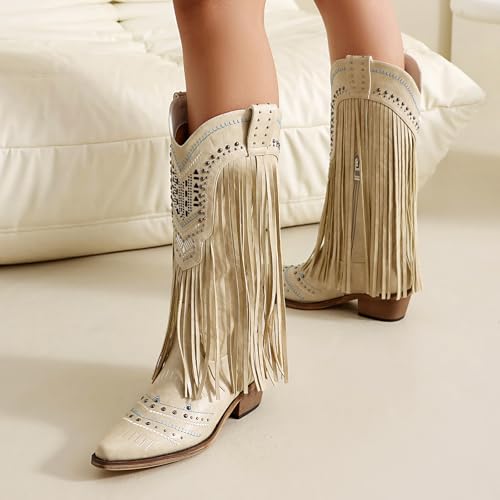 Image of Fringe Cowboy Boots for Women Wide Calf Embroidered Tassal Cowgirl Boot Knee High Snip Toe Pull On Western Shoes