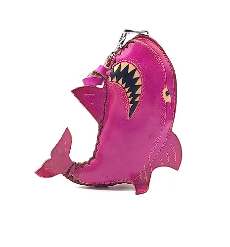 Handmade Genuine Leather 3D Animal Shark Coin Purse with Removable wrist strap (Pink)