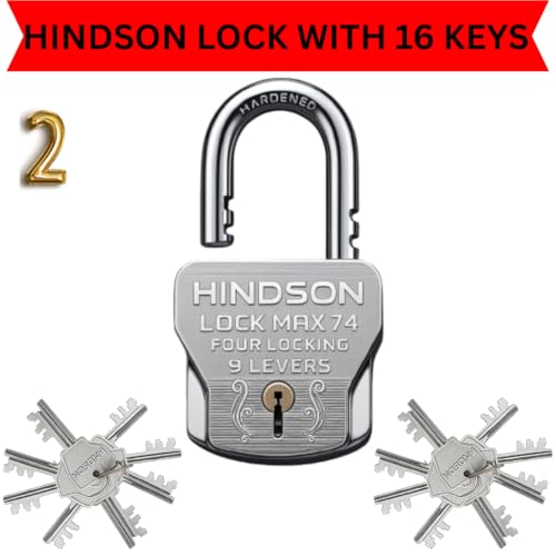 Image of HINDSON 16 Same Keys MAX 74mm 4 Locking System | 9 Lever Mechanism | Chrome Finish Heavy Duty Big Size 610g Approx | 4 Locks with 16 Same Keys for Gate, Shutter & Home Use