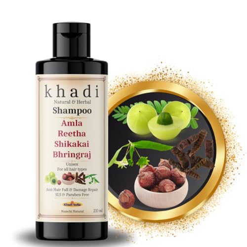 Image of Namchi Natural KHADI Natural Amla, Reetha, Shikakai & Bhringraj Shampoo | Anto Hair Fall & Damage Repair | Sulfate, SLS & Paraben Free | 210 ML
