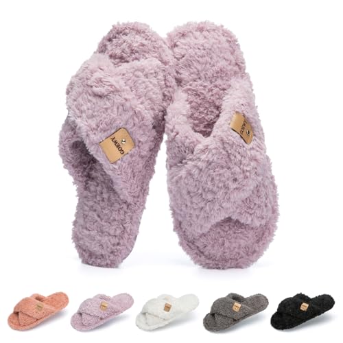 Image of GOEWY Fuzzy Open Toe Slippers for Women Cozy Memory Foam House Shoes Indoor