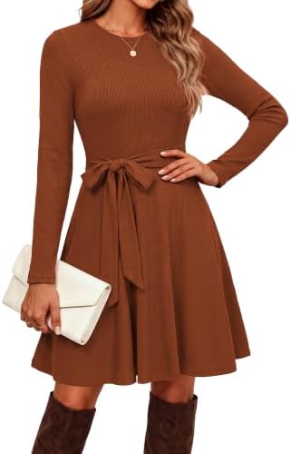 GRACE KARIN Damen Elegant Strickkleid Langarm A Linie Kleider | Herbst Winter, Mini, Rundhals, Mit Gürtel, Einfarbig, Bequem, Pulloverkleid, Geeignet für Casual Arbeiten Hochzeiten