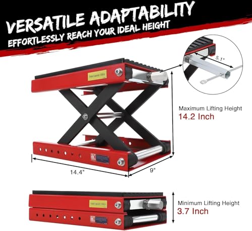 Image of Garveetech Motorcycle Lift Jack - 1200 LBS Heavy Duty Scissor Stand with Wide Deck & Safety Pin, Ideal for Dirt Bikes, Atvs, Street Bikes & Cruiser Motorcycles, Thickened Rubber Pad for Stability