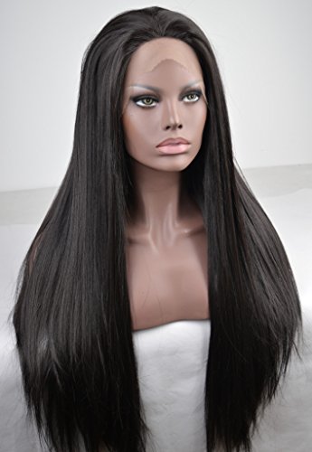 K'ryssma Long Heat Resistant Synthetic Hair Half Hand Tied Lace Front Natural Black Wig Silk Straight 26 Inches #1b