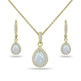 B. BRILLIANT Yellow Gold Flashed Sterling Silver Simulated White Opal and Cubic Zirconia Halo Dainty Pear Teardrop Necklace & Earrings Jewelry Set for Women