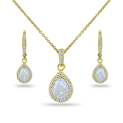 B. BRILLIANT Yellow Gold Flashed Sterling Silver Simulated White Opal and Cubic Zirconia Halo Dainty Pear Teardrop Necklace & Earrings Jewelry Set for Women