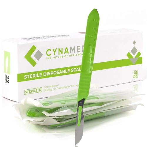 CYNAMED # 22 Disposable Scalpel with Plastic Handle - Sterile Single Blade Razor for Dermaplaning Dissection Podiatry Professional Grooming Acne Removal - Surgical Stainless Steel Tool - Box of 10