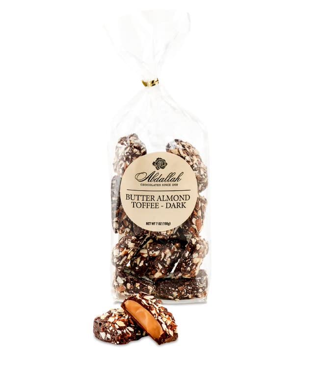 Abdallah Chocolates Dark Chocolate Butter Almond Toffee 7oz. (Two Pack -Two 7 oz. bags)