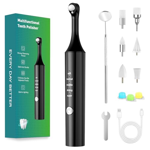 Tooth Polisher Electric Teeth Polishing Kit for Teeth Cleaning & Whitening 5 Speeds with LED Light Rechargeable Dental Polisher with 6 Heads Waterproof Portable Oral Care Kit for Home & Travel Use