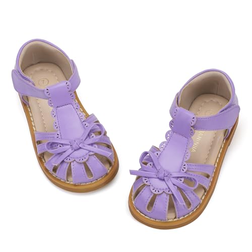 Image of PANDANINJIA Toddler Girls Sandals Closed Toe T-Strap Kids Dress Summer Flats Sandals Cute Bow Flower Girl Shoes