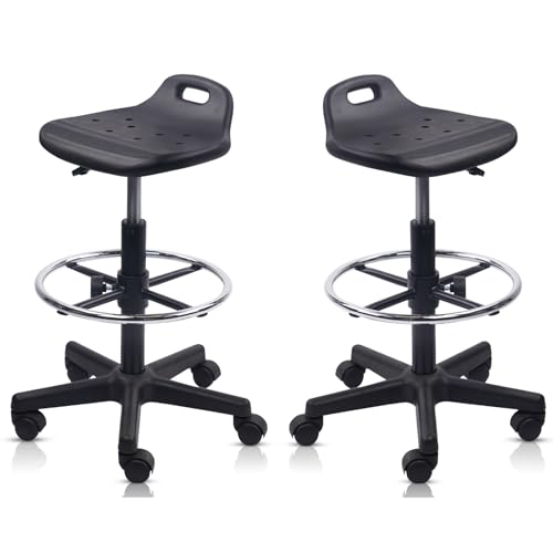 KLASIKA Adjustable Height Drafting Rolling Stool with Foot Rest Breathable Seat Cushion Swivel Chair, Multi-Purpose Work Stools for Nail Salon Office Bar Lab Counter Barber Kitchen Shop Black, 2PK
