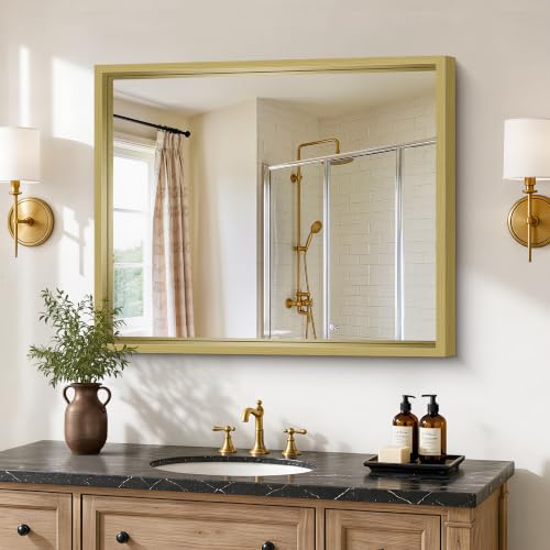 Image of Bathroom Mirror, 30 x 36 inch Natural Wood Grain Colored Aluminum Metal Frame Bathroom Vanity Mirror, Rectangle Wall Mirror for Bedroom Living Room, Tempered Glass, Horizontal or Vertical