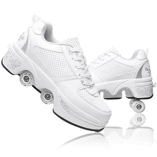 Patines de ruedas, zapatos de patinaje para niños y niñas, zapatos con ruedas, zapatos retráctiles de 4 ruedas, zapatos con ruedas para hombres y mujeres, color blanco y plateado