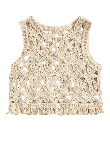 Verdusa Girl's Hollow Out Sleeveless Round Neck Crochet Crop Tank Tops