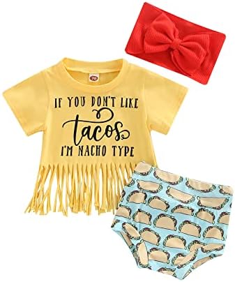 Infant Baby Girl Summer Outfits Short Sleeve Tassel T-shirt Tops Tacos Print Shorts Bowknot Headband 3Pcs Clothes Set (B-Yellow Tacos, 12-18 Months)