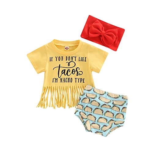 Infant Baby Girl Summer Outfits Short Sleeve Tassel T-Shirt Tops Tacos Print Shorts Bowknot Headband 3Pcs Clothes Set (B-Yellow Tacos, 12-18 Months) #TOP2