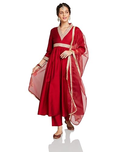 Amazon Brand - Myx Women's Embroidered Anarkali Kurta Set with Organza Dupatta (AW25-MYX-VEN-KS-11_Red_L)