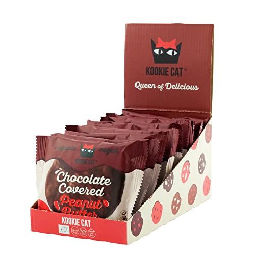 Kookie Cat Mantequilla de Cacahuete Cubierta de Chocolate-Galletas Veganas Envueltas Individualmente, Sin Gluten, Sin Soja, Biológicas y Orgánicas, Anacardos y Avena-Paquete Múltiple de 12 x 50 g