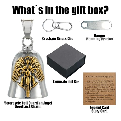 Image of Motorcycle Bell Guardian Angel Charm - Weather-resistant Good Luck Gremlin Bells With Gift Box, Legend Card, Keychain