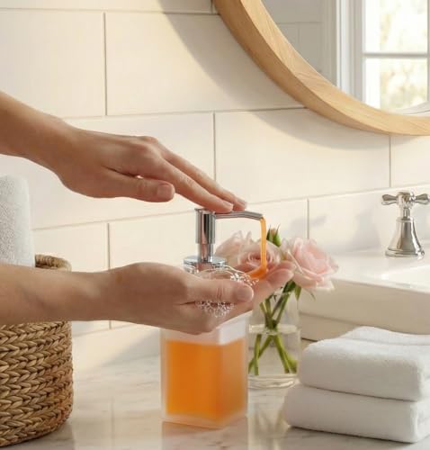 Image of Luxury Frosted Glass Soap Dispenser with Chrome Pump | Square Modern Design | Refillable Hand Lotion & Liquid Soap for Bathroom & Kitchen Countertop (SQ NBottle)