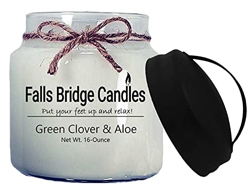 Green Clover & Aloe Scented Jar Candle by Falls Bridge Candles, 16-Ounce with Handle Lid