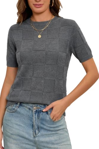 Image of Cakulo Women's Short Sleeve Summer Sweater Knit Tops | Checkered Pattern, Crew Neck, Lightweight Knit, Pullover Sweaters, Business Casual Work Tops Basic Clothes