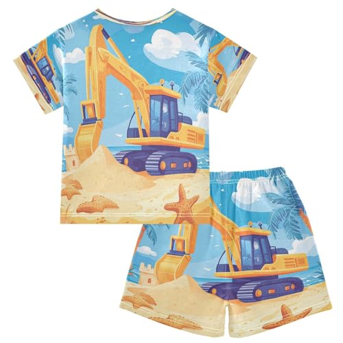Pajama Sets Short Sleeve Yellow Excavator Car Beach Soft Cotton Summer Sleepwear 2 Piece PJS Size 5-14T2