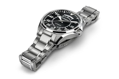 Image of Hamilton Khaki Aviation Automatic Men's Watch, 42mm Stainless Steel Case, Swiss Made, Black Dial Analog Wrist Watch for Men, 100m Waterproof, Sapphire Crystal, Stainless Steel Strap